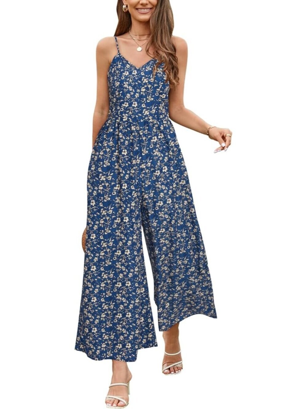 Women's Summer Floral 06 Spaghetti Strap Smocked Long Rompers with Pockets